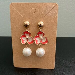 Elegant Gold and Red Floral Pearl Drop Earrings